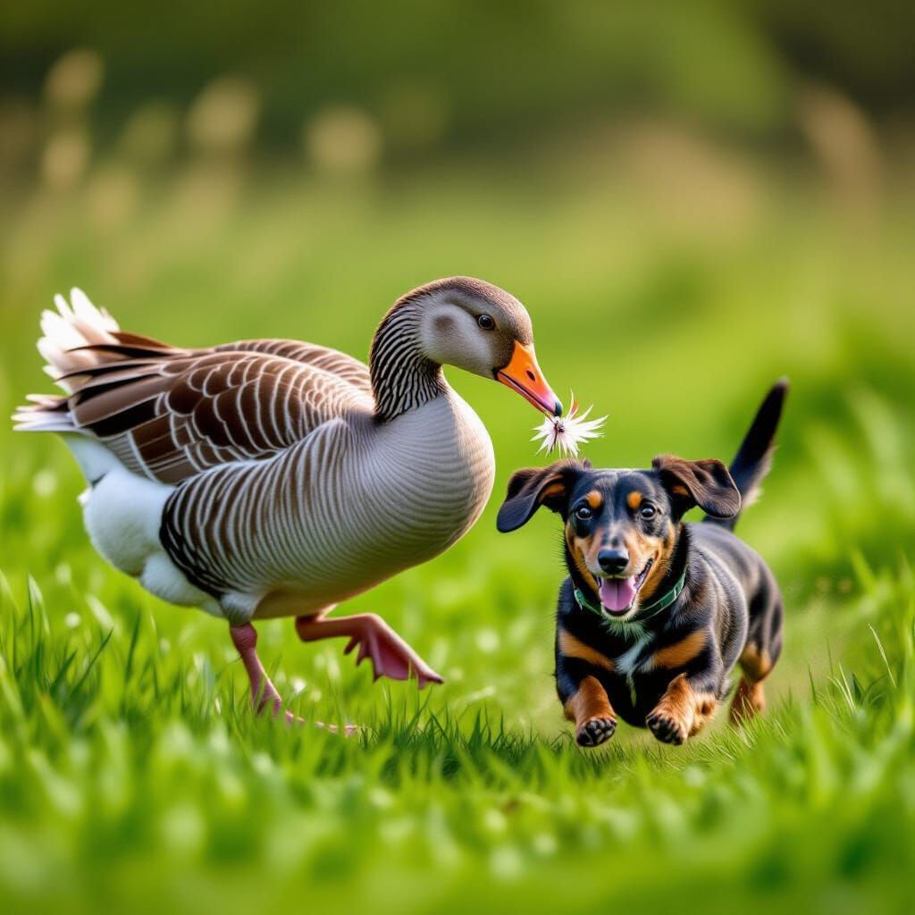 Goose Bites Dachshund Tail in Photorealistic Meadow