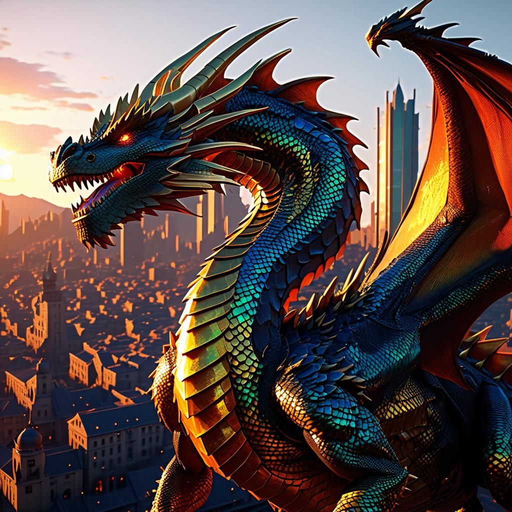 Majestic Dragon Soars Over Metropolis: 3D Render