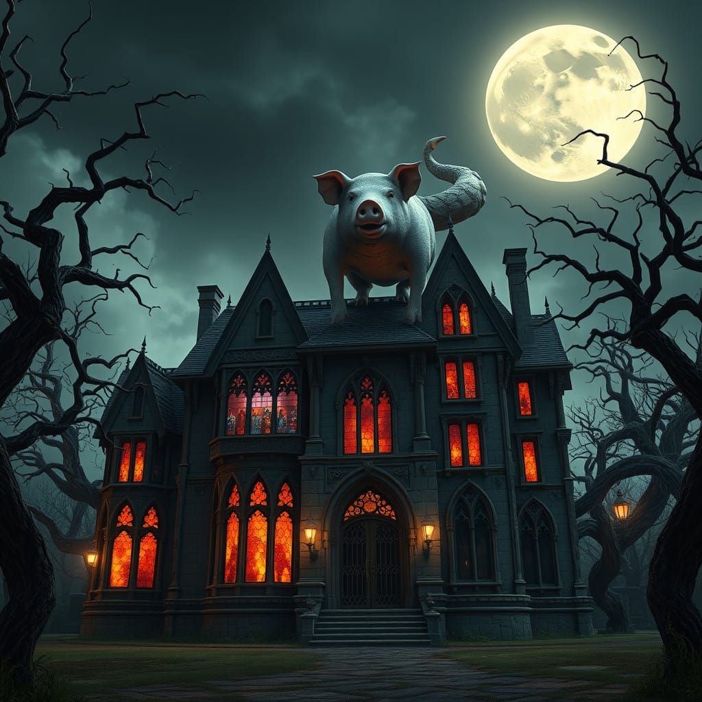 Gothic Horror House with Majestic Pig, Set in a Moonlit, Twi...