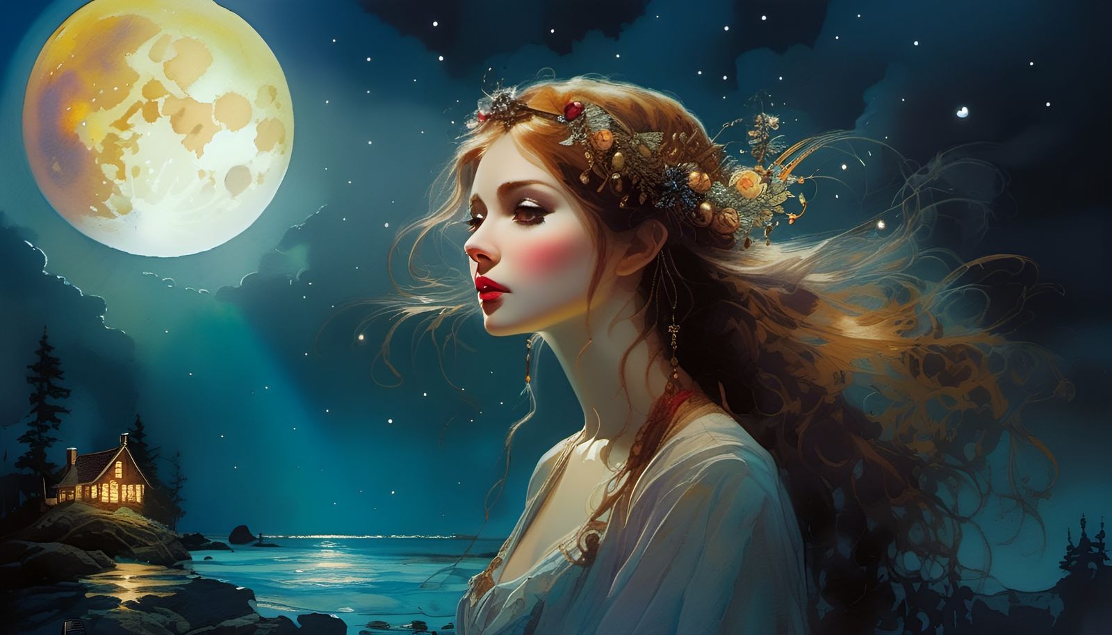 Moonlit Woman in Dreamcore Watercolor Style