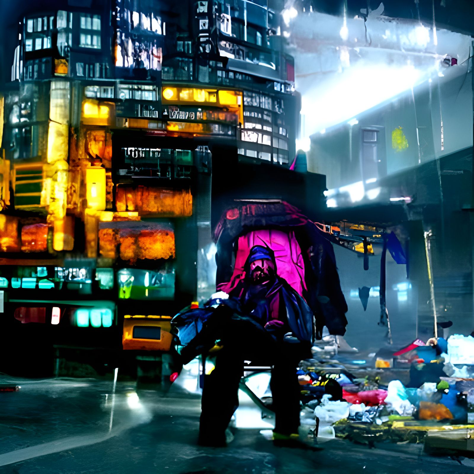 Cyberpunk Homeless Man in Polluted Cityscape
