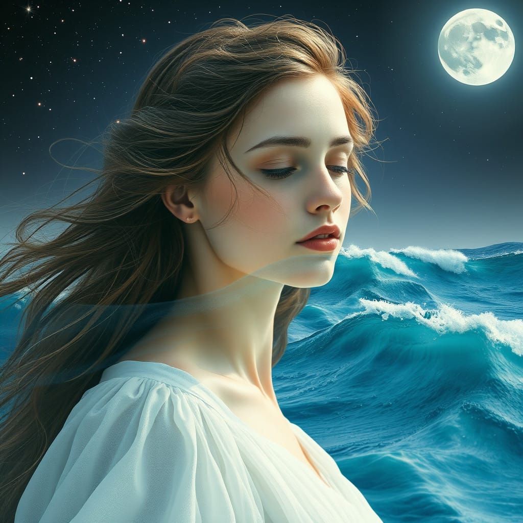 Surrealist Double Exposure of a Woman Merging with the Ocean...