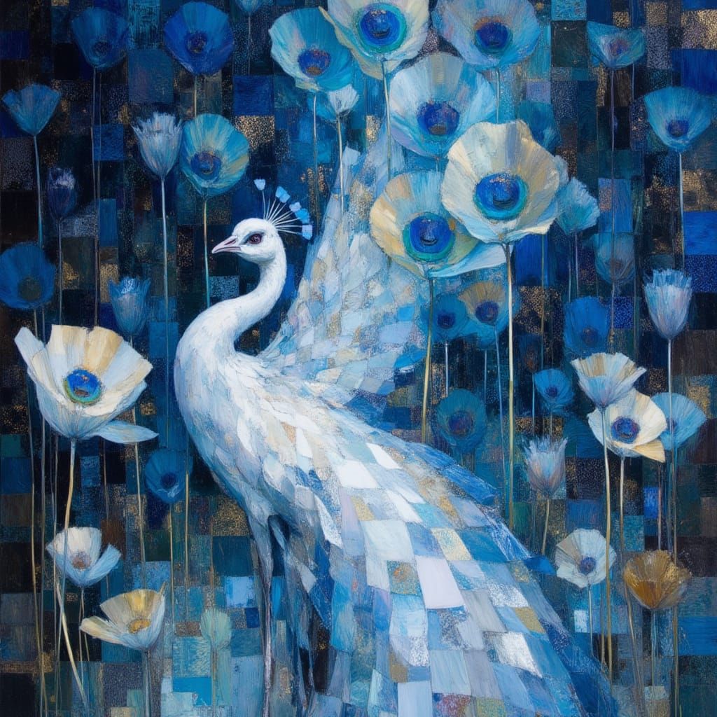 Blue and White Peacock in Whimsical Style