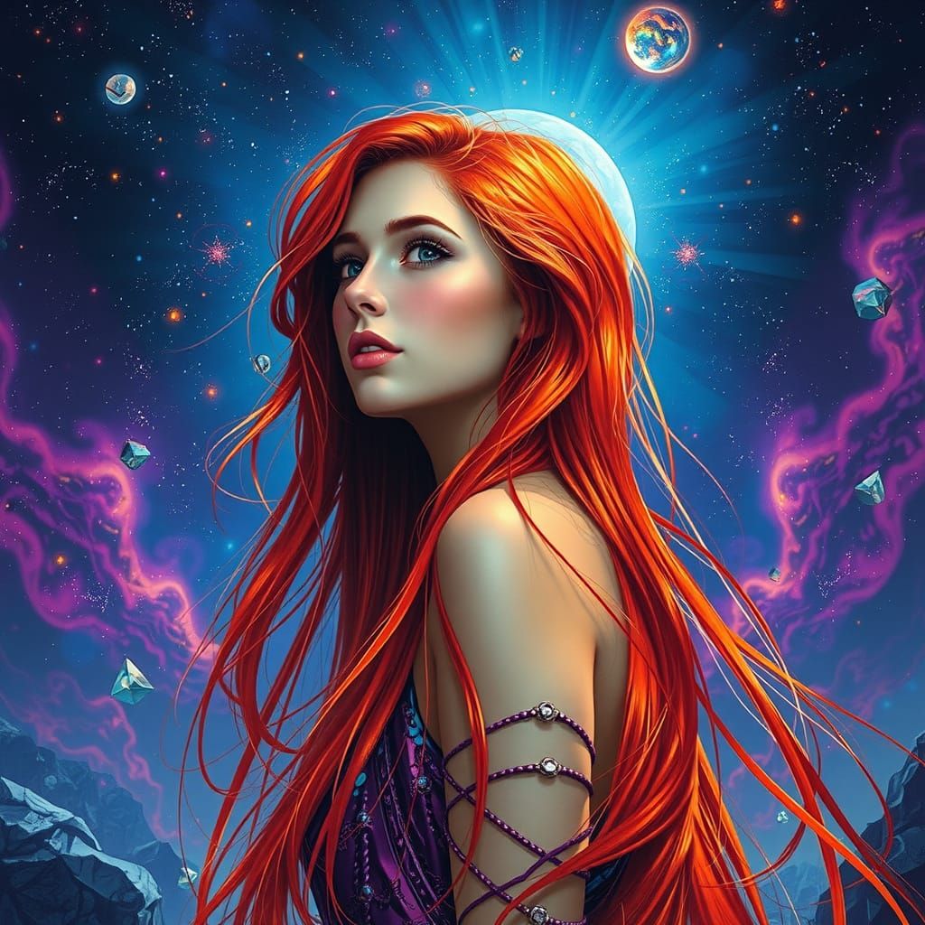 Vibrant Woman Radiates Ethereal Aura Amidst Kaleidoscopic Ni...