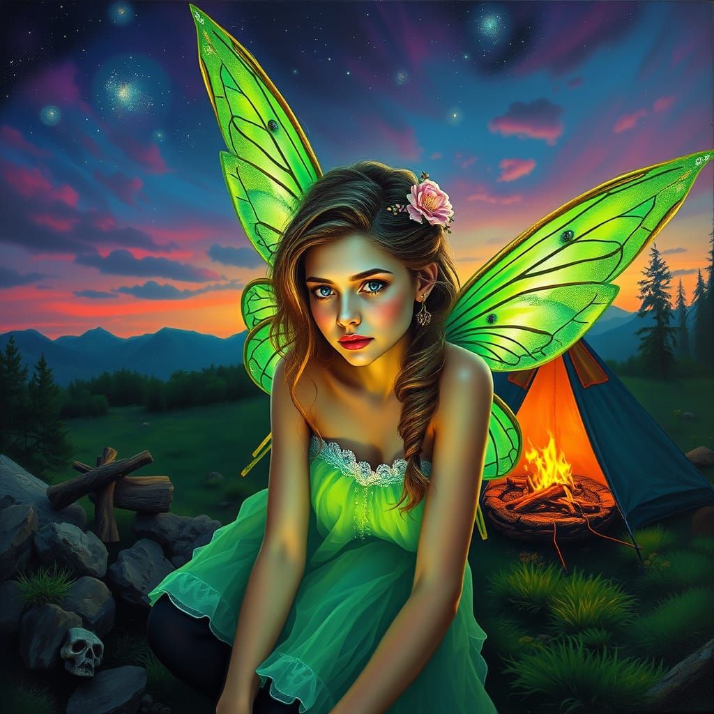 Neon Green Fairy Camping in Oil Painting Style