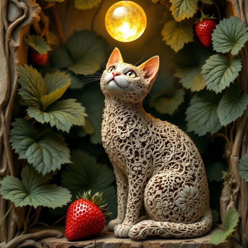Exquisite Wooden Cat Surrounded by Strawberry and Golden Orb