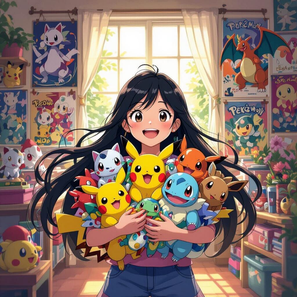 Joyful Girl with Diverse Pokémon Collection