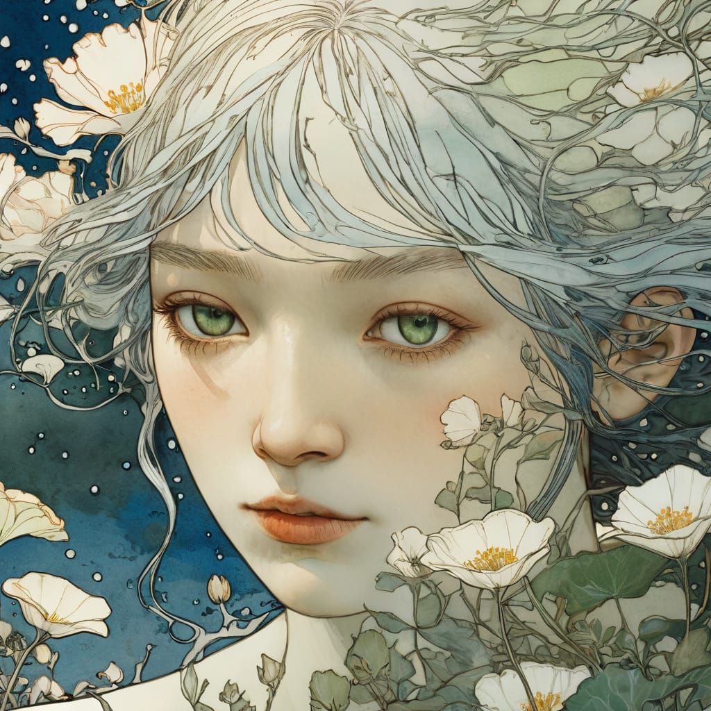 Woman Framed by Flowers in Watercolor Style