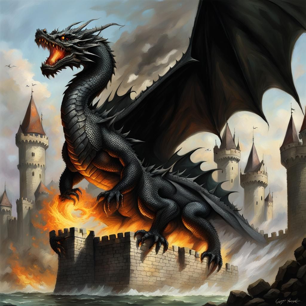 Black Dragon Attacks Gothic Castle with Fire