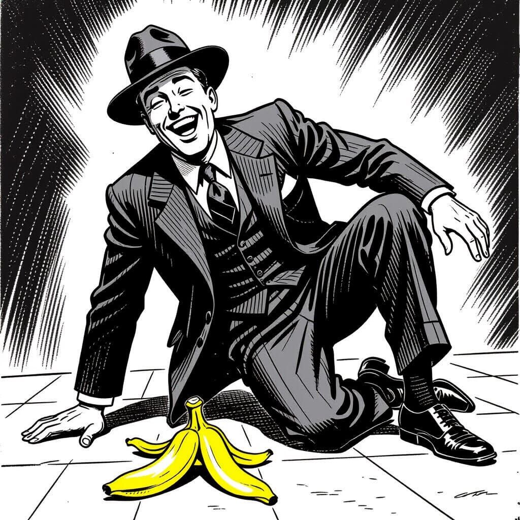 Comical Man Slipping on Banana Peel in Comic Style