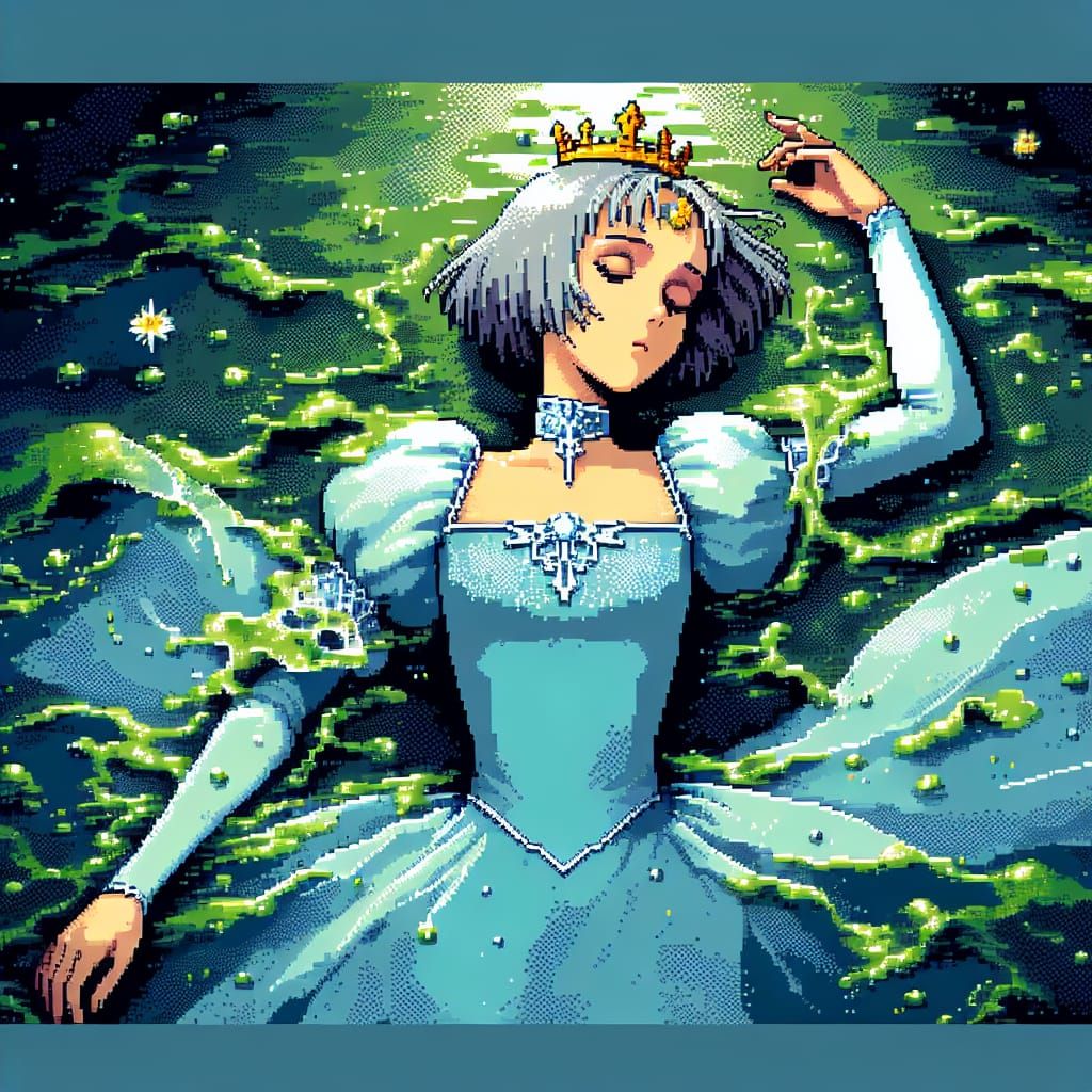 Atmospheric Pixel Art Princess in Dark, Moody River of Green...
