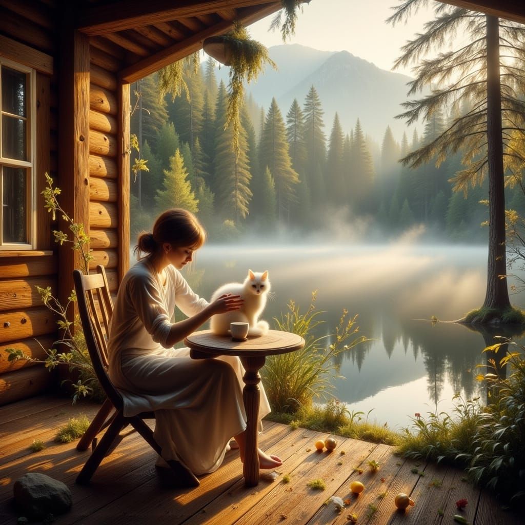 Golden Morning by Mountain Lake with Cozy Cabin