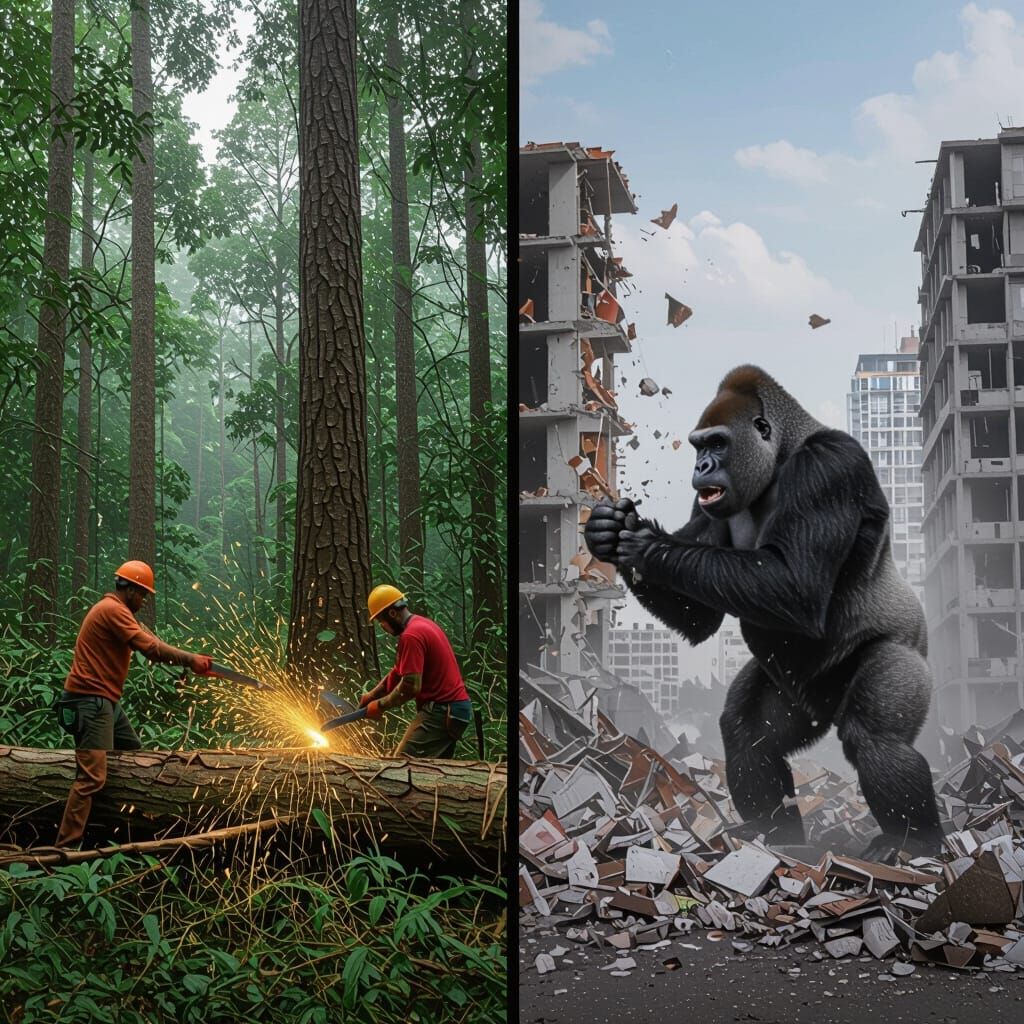 Tech vs Nature: Gorilla Demolishes Building, Humans Cut Tree...