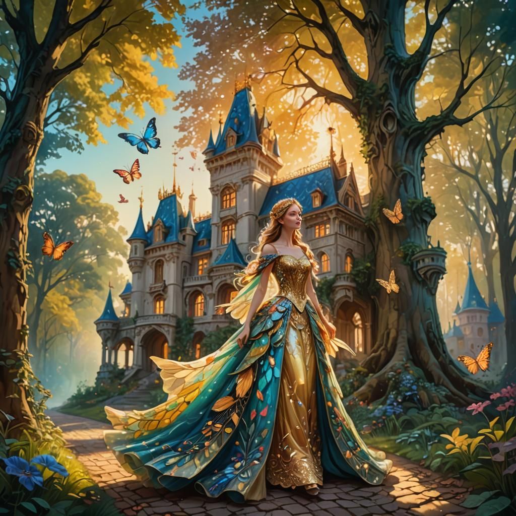 Elegant Fairy Queen in Forest Palace, Impressionistic Style