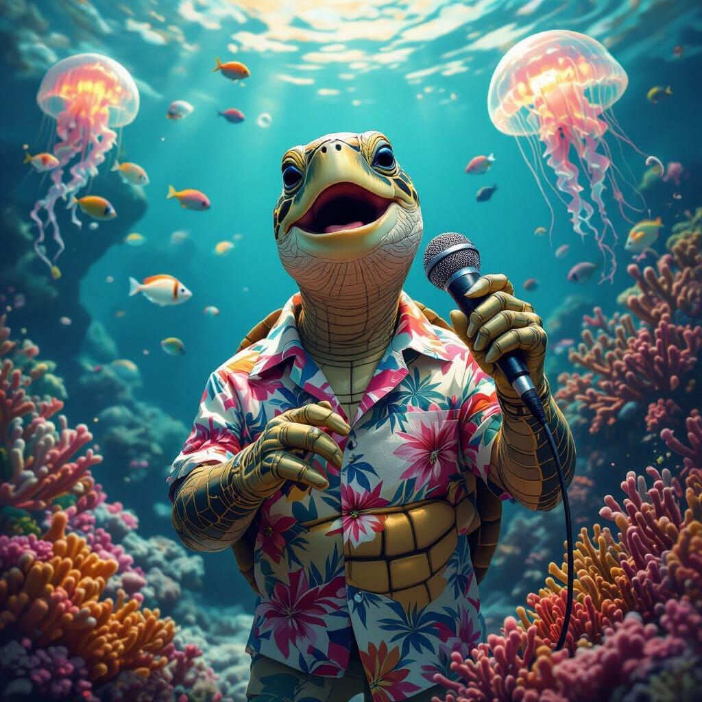 Singing Turtle in Hawaiian Shirt, Detailed Matte Painting