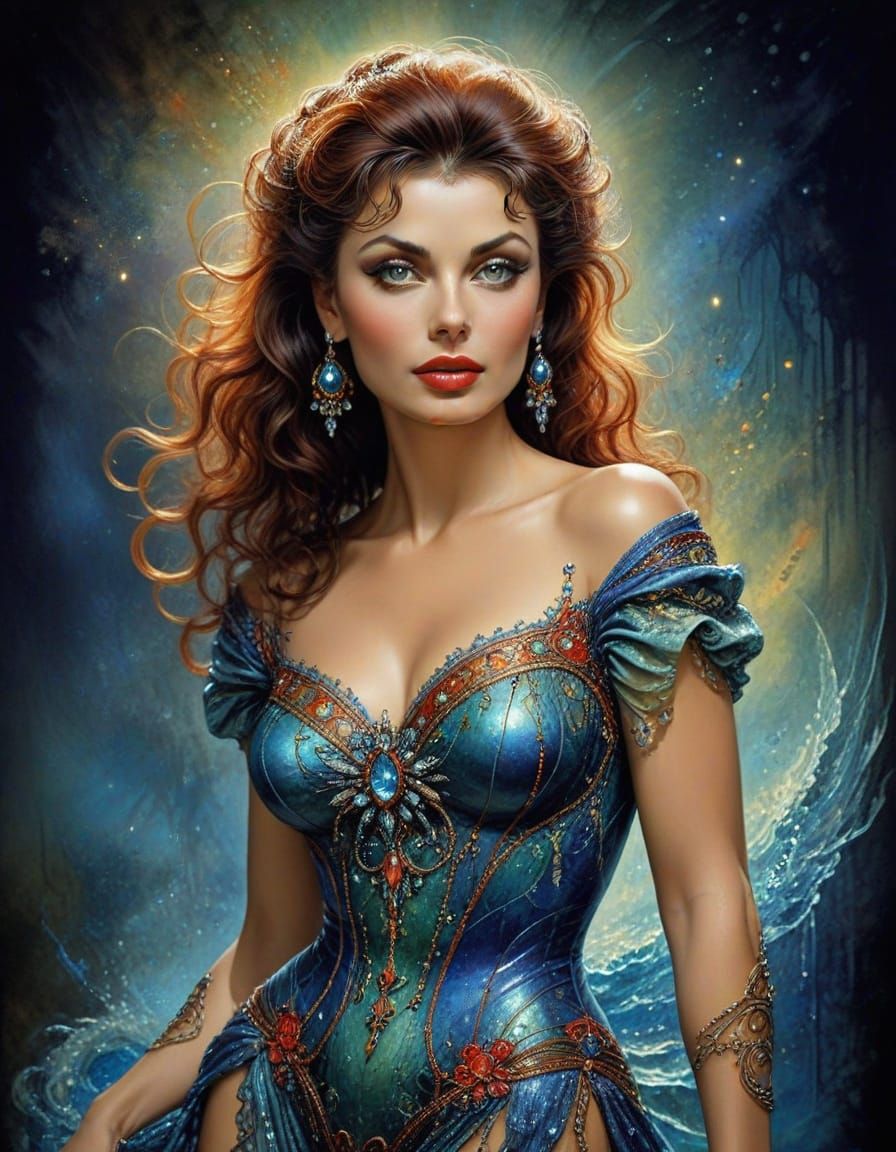 Alluring Retro-Futuristic Goddess in Vintage Art Nouveau Sty...