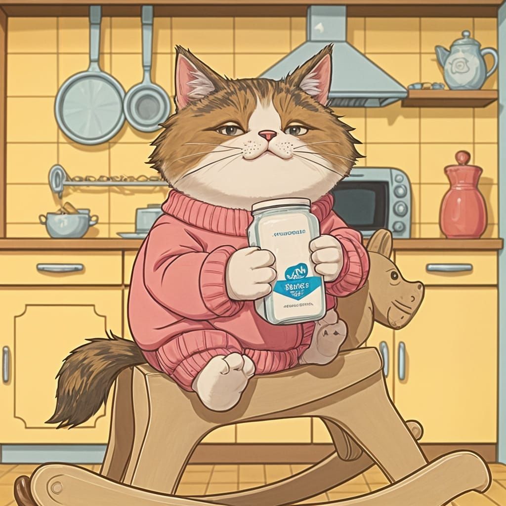 Whimsical Cat on Vintage Rocking Horse