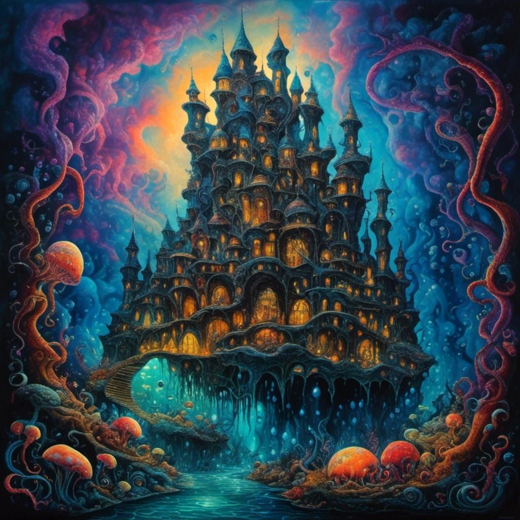 Enchanted Underwater Castle with Bioluminescent Creatures