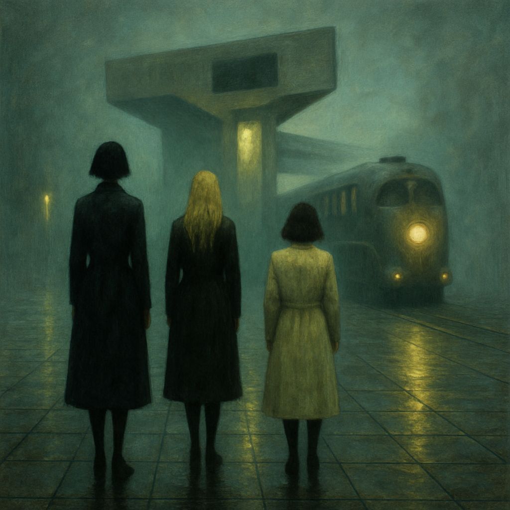 Surreal Night Scene: Women and Retro Train in Fog