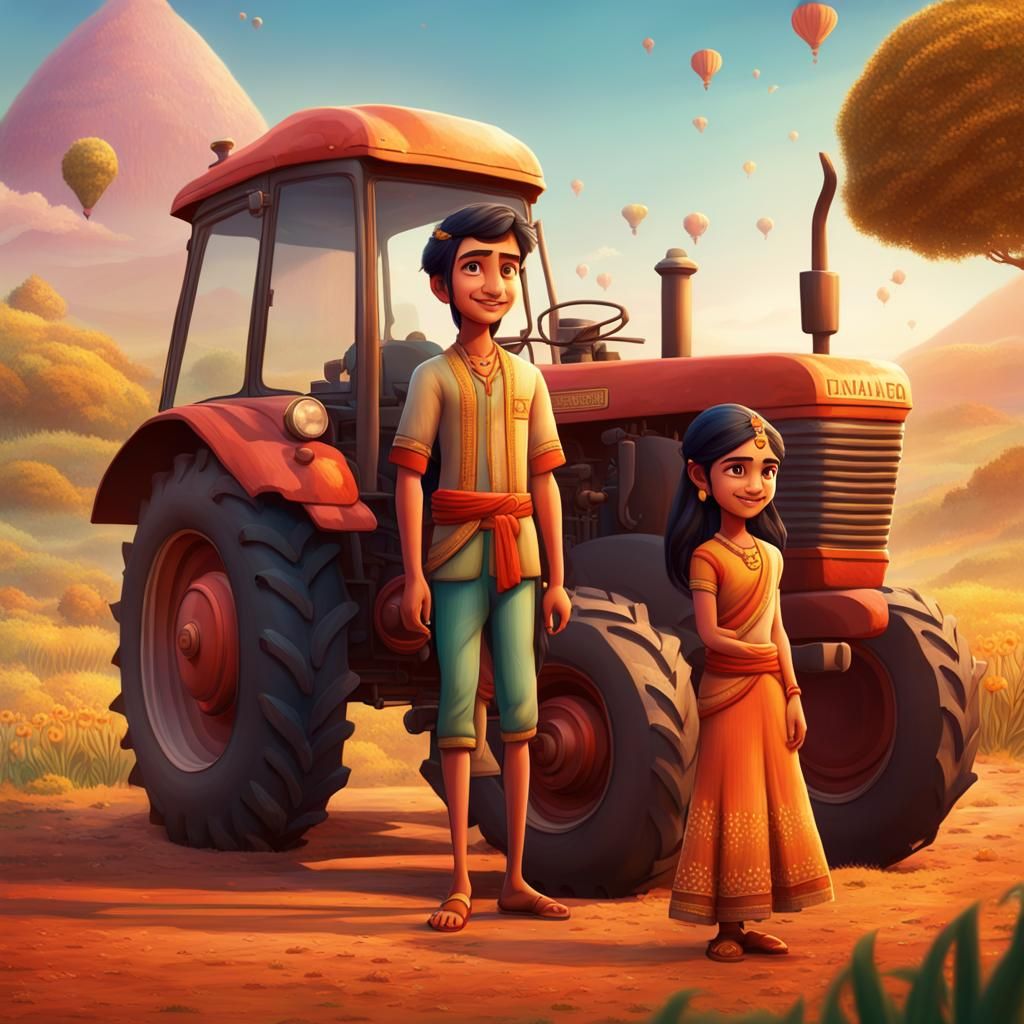 Indian Attire Couple in Farm Scene: 3D Digital Art