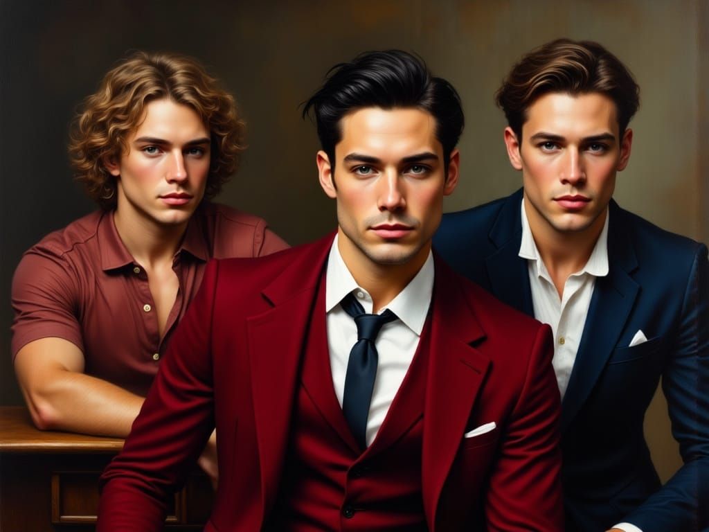 Three Handsome Men in Regency Attire, Oil Painting