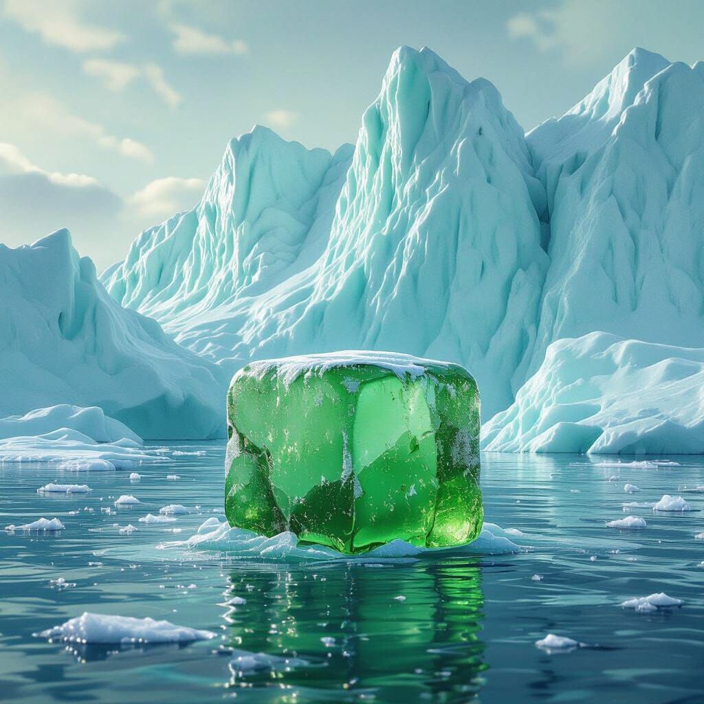 Green Ice Cube and Icebergs, Digital Art