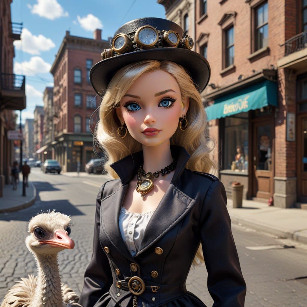 Steampunk Surrealist Barbie in City Streetscape