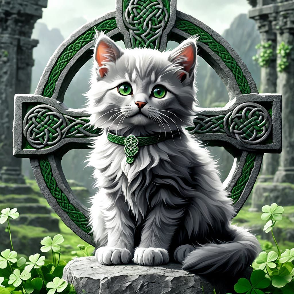 Surreal Celtic Kitten Amidst Shamrocks and Ancient Symbolism