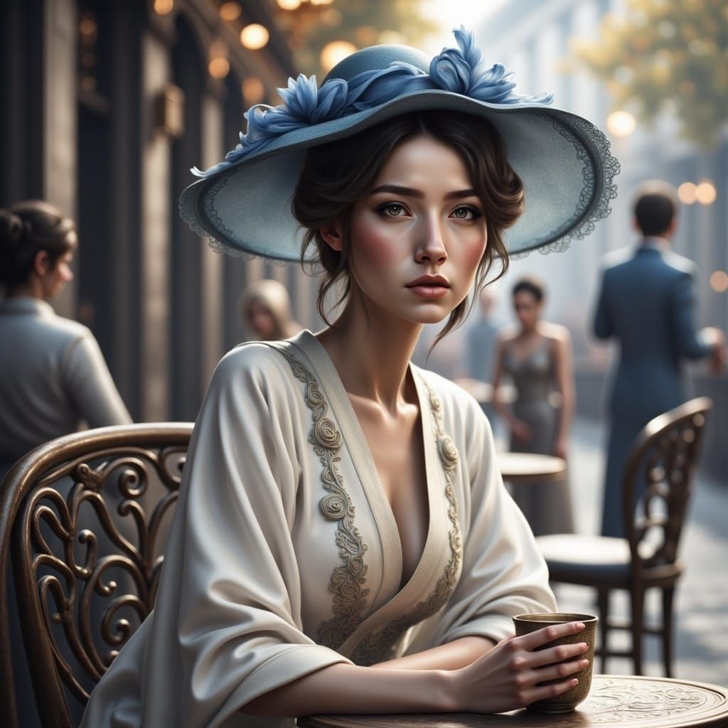 Parisian Cafe Scene in Impressionist Style