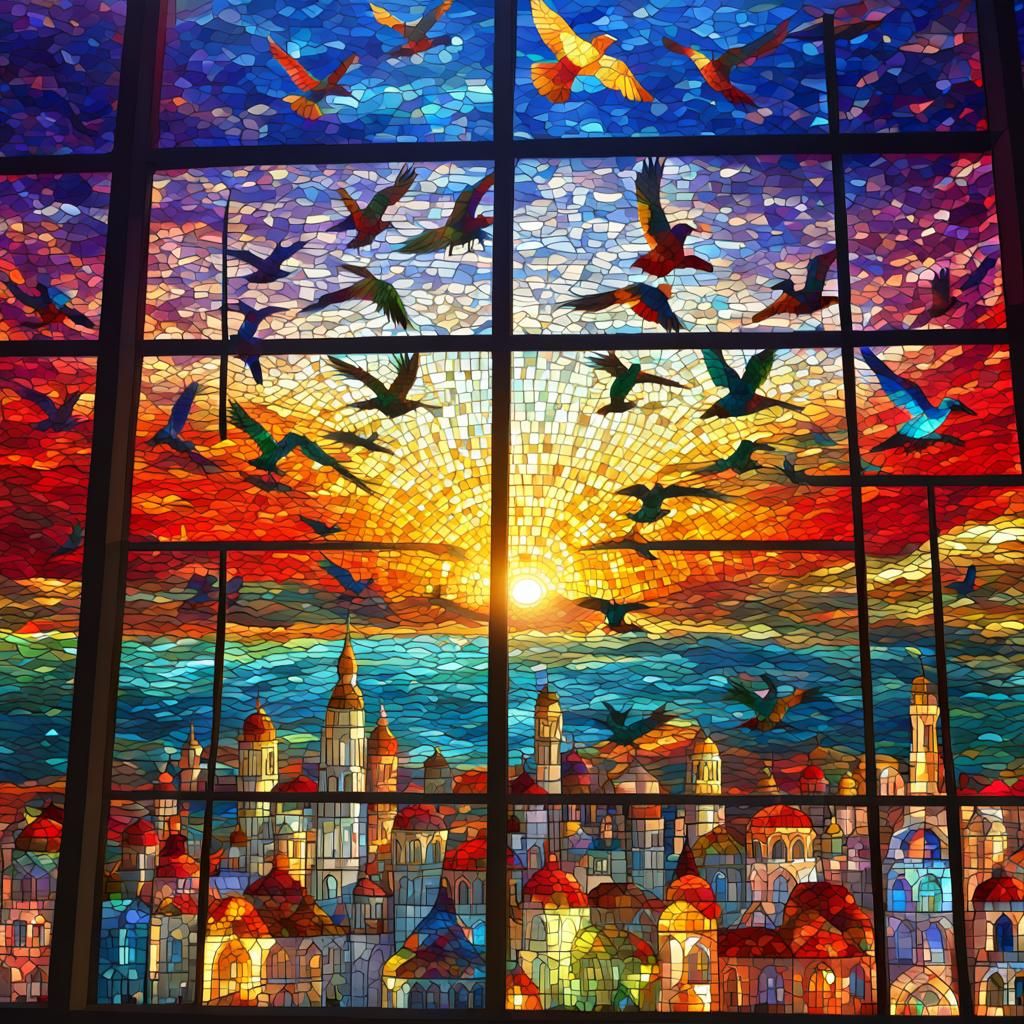 Mosaic Cityscape with Stained Glass Effect in 8K