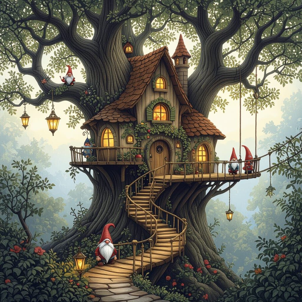 Whimsical Treehouse Village in Fantasy Style