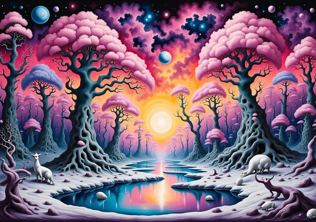 Surreal Winter Forest Path with Aurora Borealis