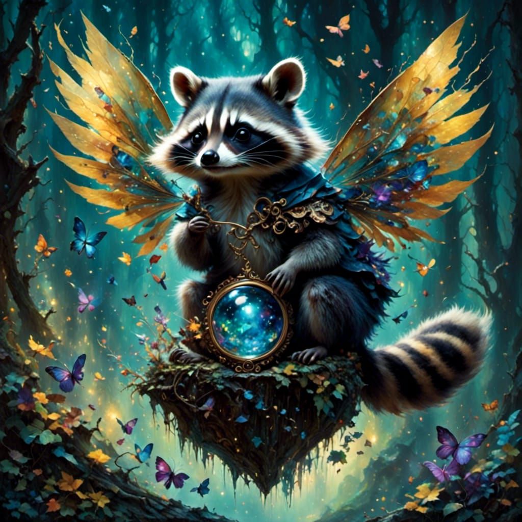 Magical Raccoon with Gossamer Wings in Dark Surreal Style
