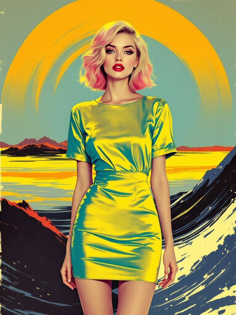 Pin-Up Woman with Pink Tipped Hair in Metallic Dress