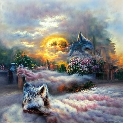 Wolf Chasing Sun in Ethereal Fantasy Landscape