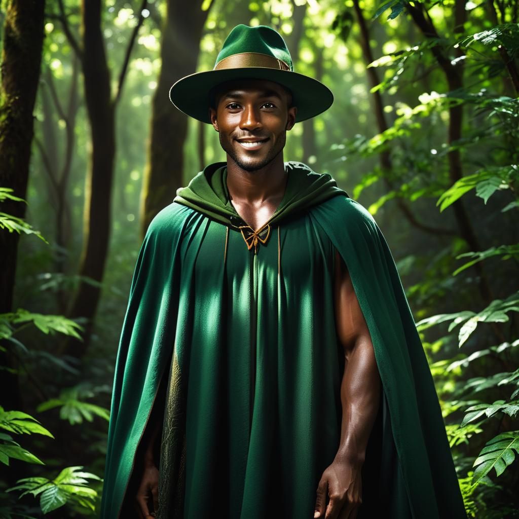 Mystical Forest Portrait: Man in Green Cloak