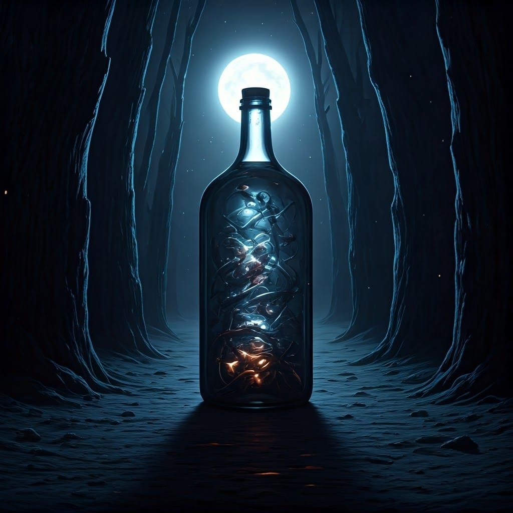 Surreal Vitruvian Moonlight Pathway with Bottles