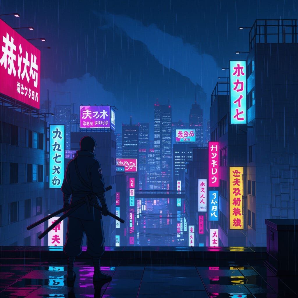 Ninja on Rooftop Overlooking Neon City in Anime Style