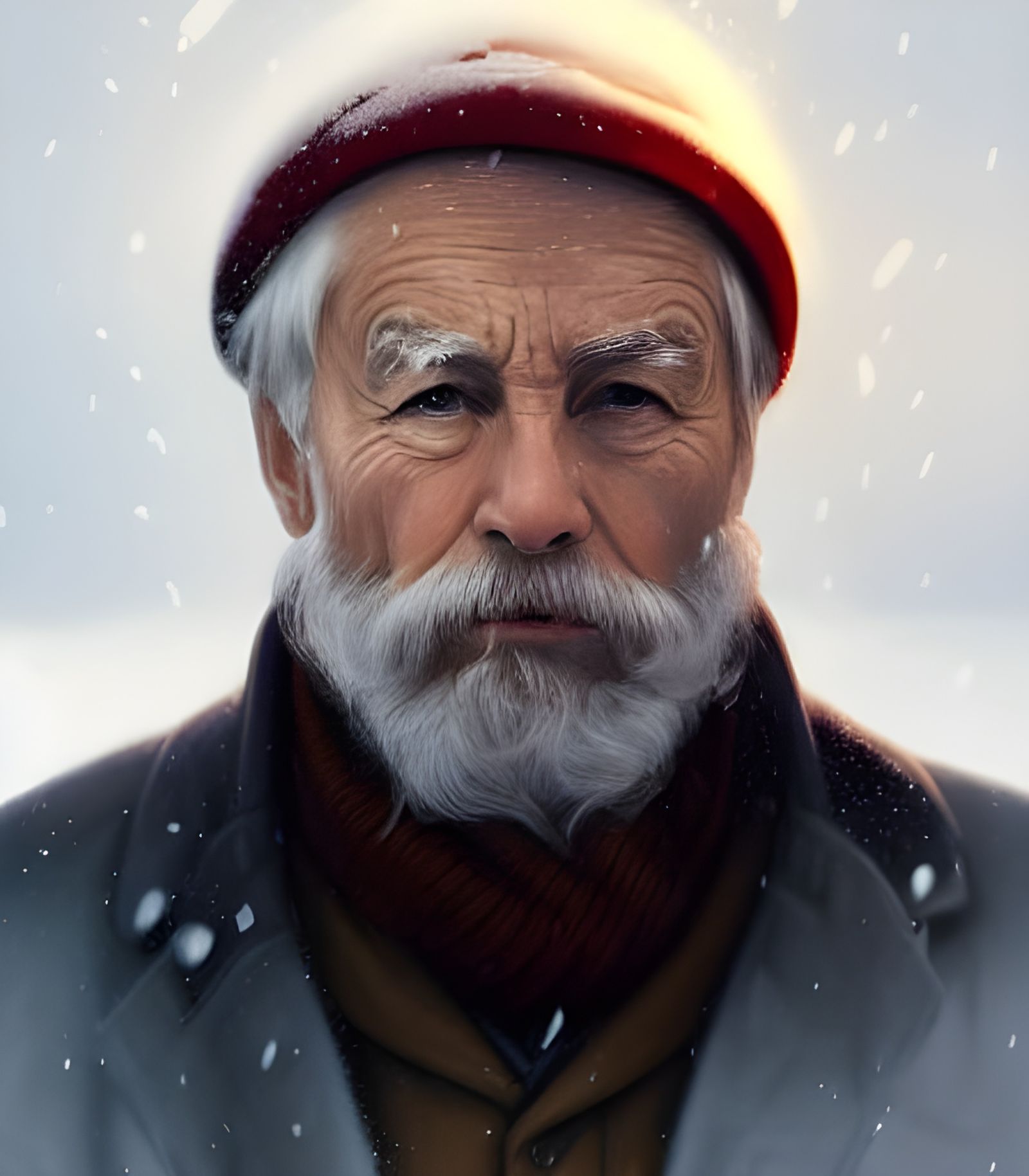 Intricate Portrait of Elderly Man in Winter Snow
