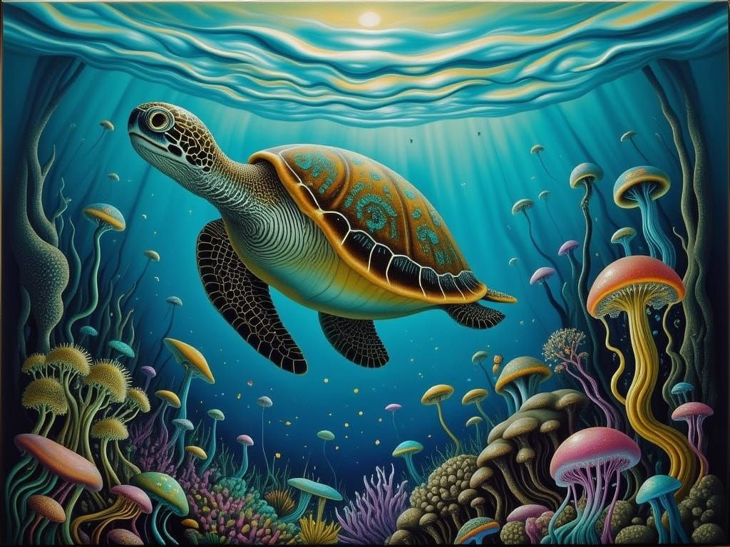 Sea turtle among the corral reefs <lora:JELLYFISH BLOOM:1.0>
