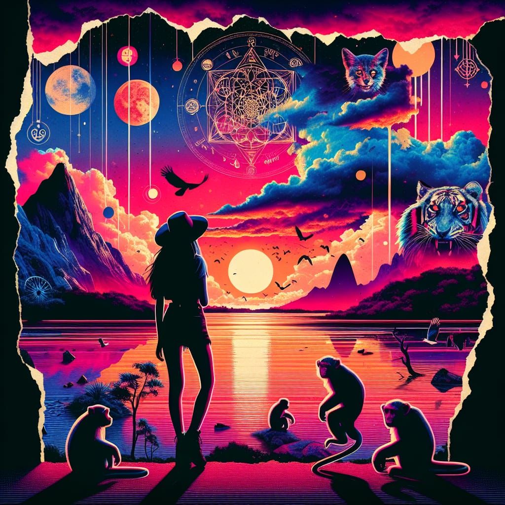 Sunset Woman in Tilted Landscape, Synthwave Style