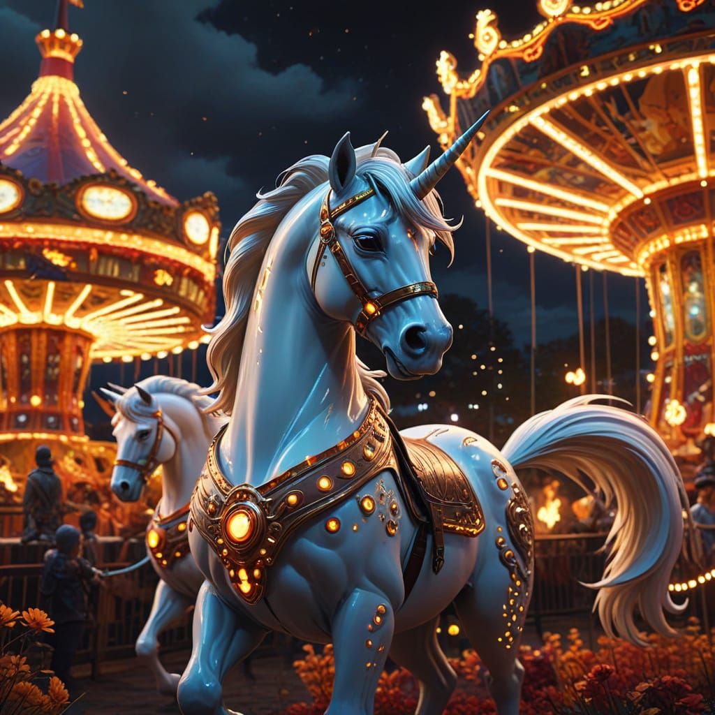 Manga Style Carousel Amidst Festival Fire