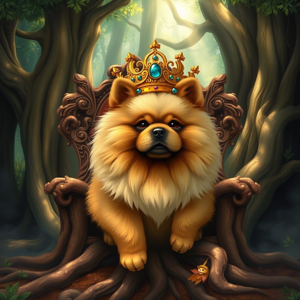 Regal Chow Chow on Ancient Throne, Enchanted Forest