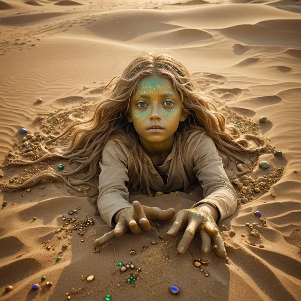 Surreal Sandy Entity Emerges from Desert Dreamscape