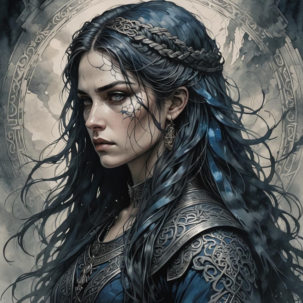 Celtic Warrior Woman Portrait in Dark Fantasy Style