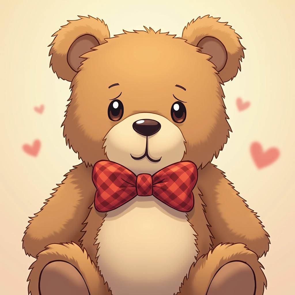 Plush Brown Teddy Bear with Bow Tie in Manga Style