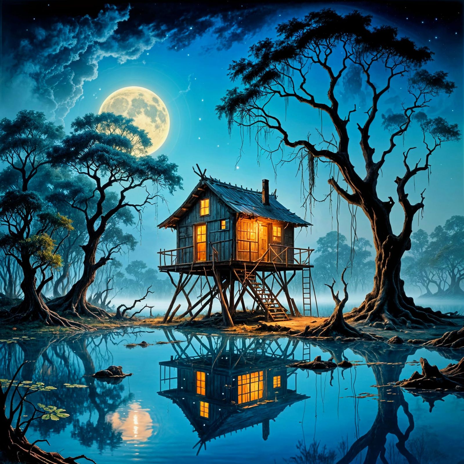 Moonlit Louisiana Bayou: A Dreamy Fantasy Landscape