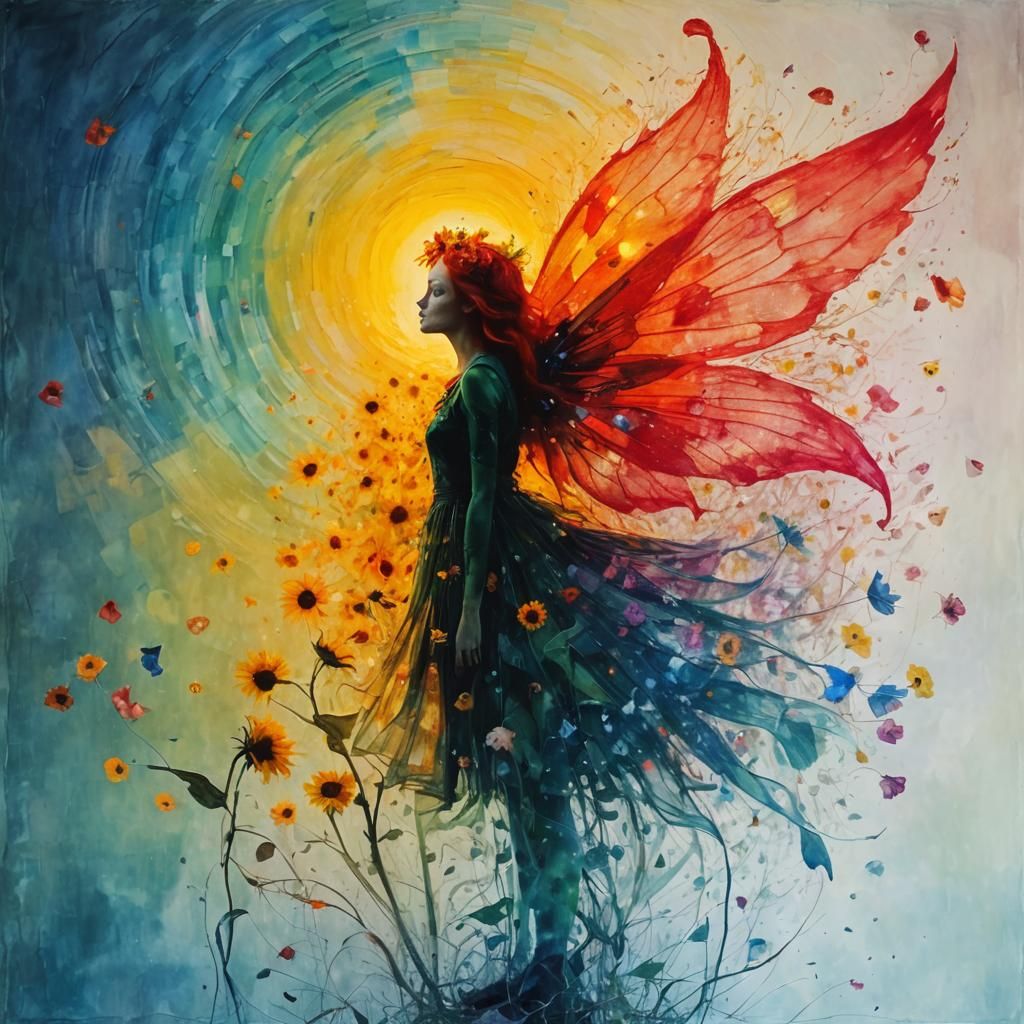 Winged Fairy Among Sunflowers in Surreal Style