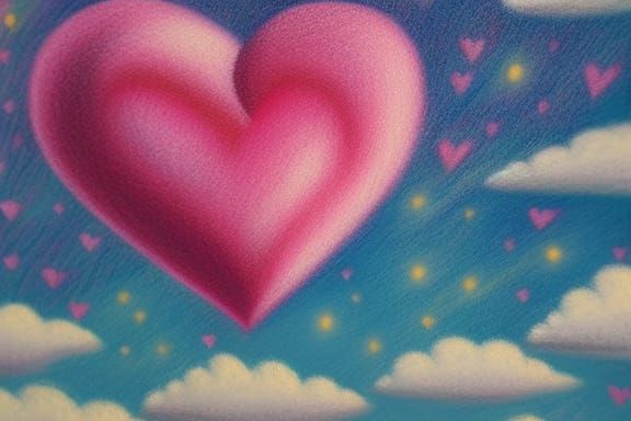 Crayon Drawing of a Pink Heart in Cloudy Sky