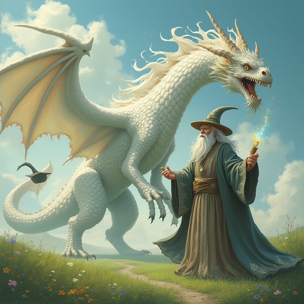 Sage Wizard Stands Beside Majestic White Dragon, Magic Unfol...